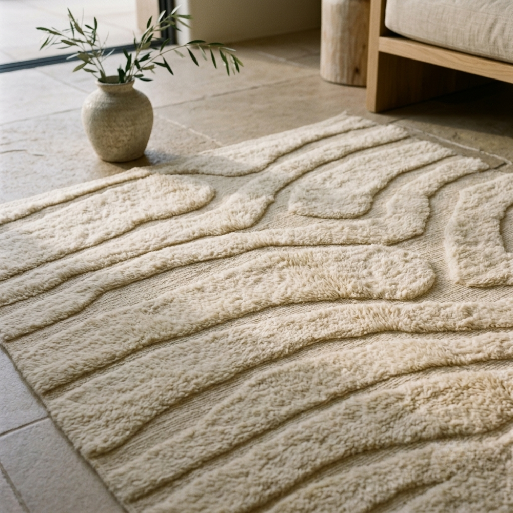 Mrirt Ivory Wave Carved Plush Wool Rug
