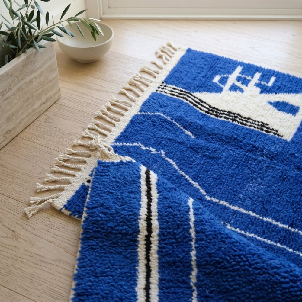 Beni Ourain Cobalt Blue Abstract Wool Rug