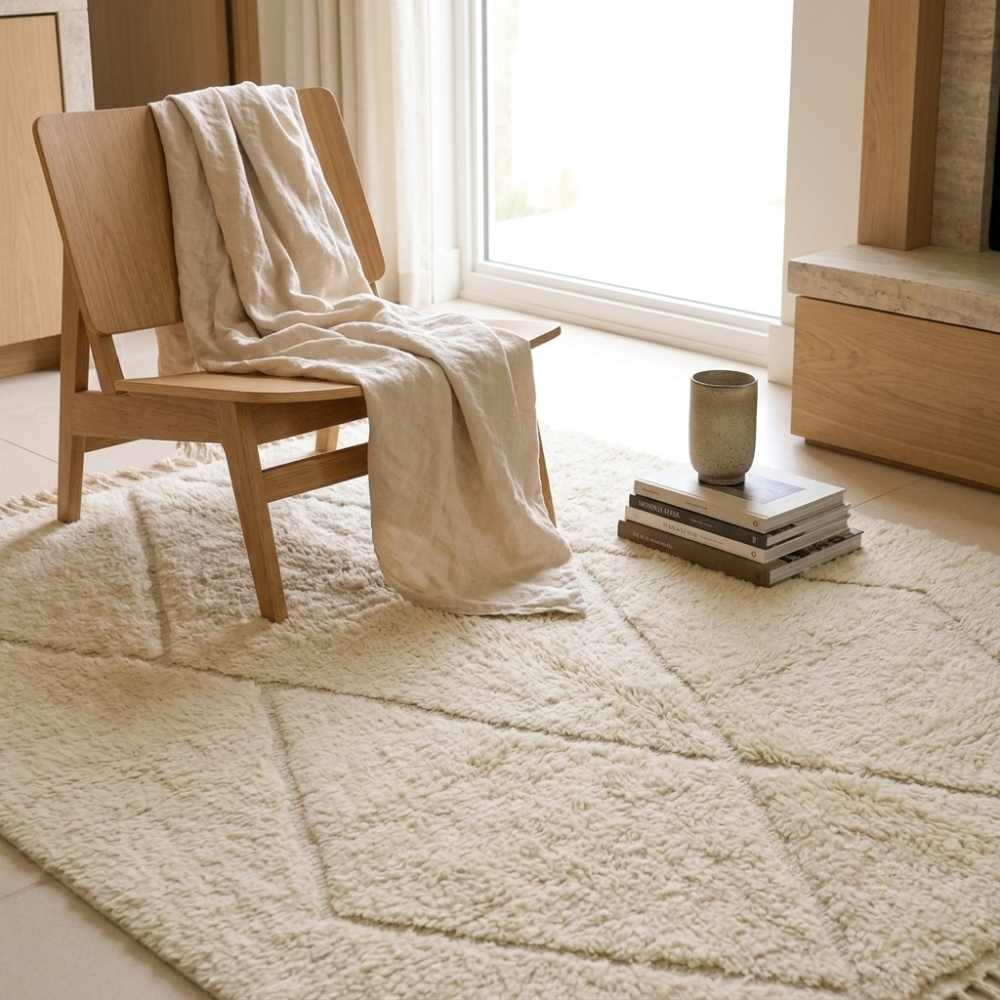 Mrirt Ivory Lozenge High-Pile Wool Rug