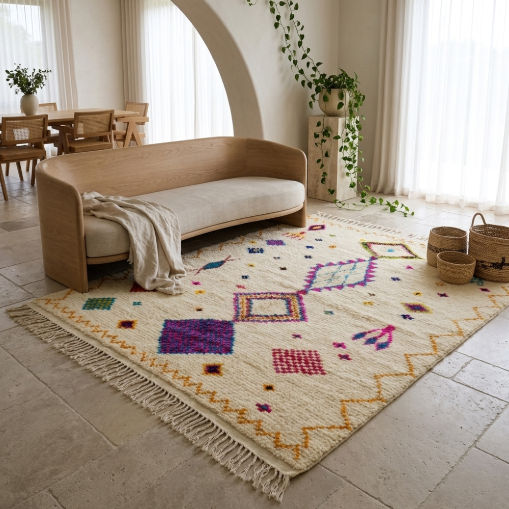Azilal Ivory & Multicolor Diamond Berber Wool Rug