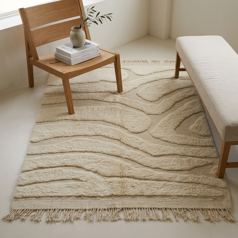 Mrirt Ivory Wave Carved Plush Wool Rug