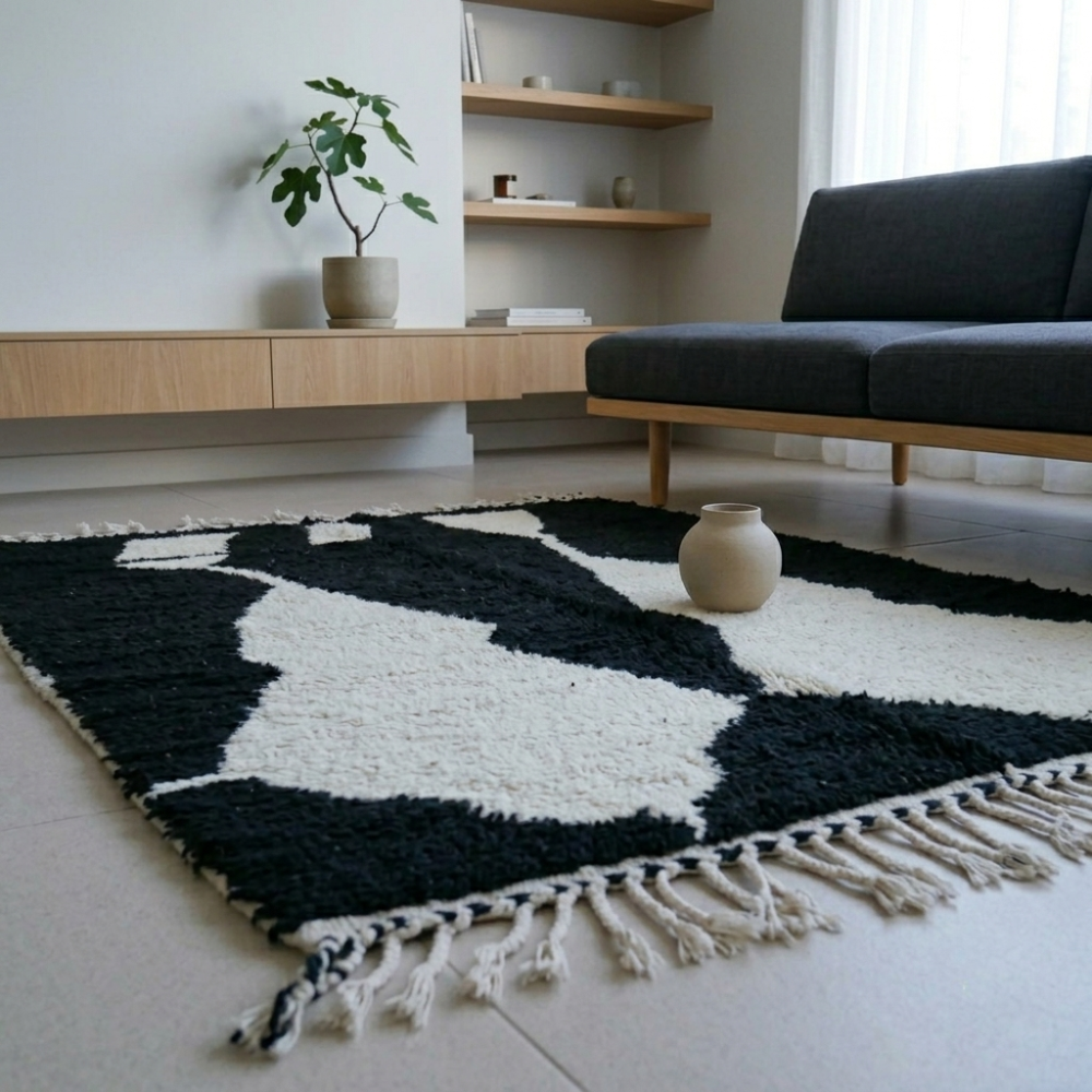 Beni Ourain Black & Ivory Abstract Wool Rug