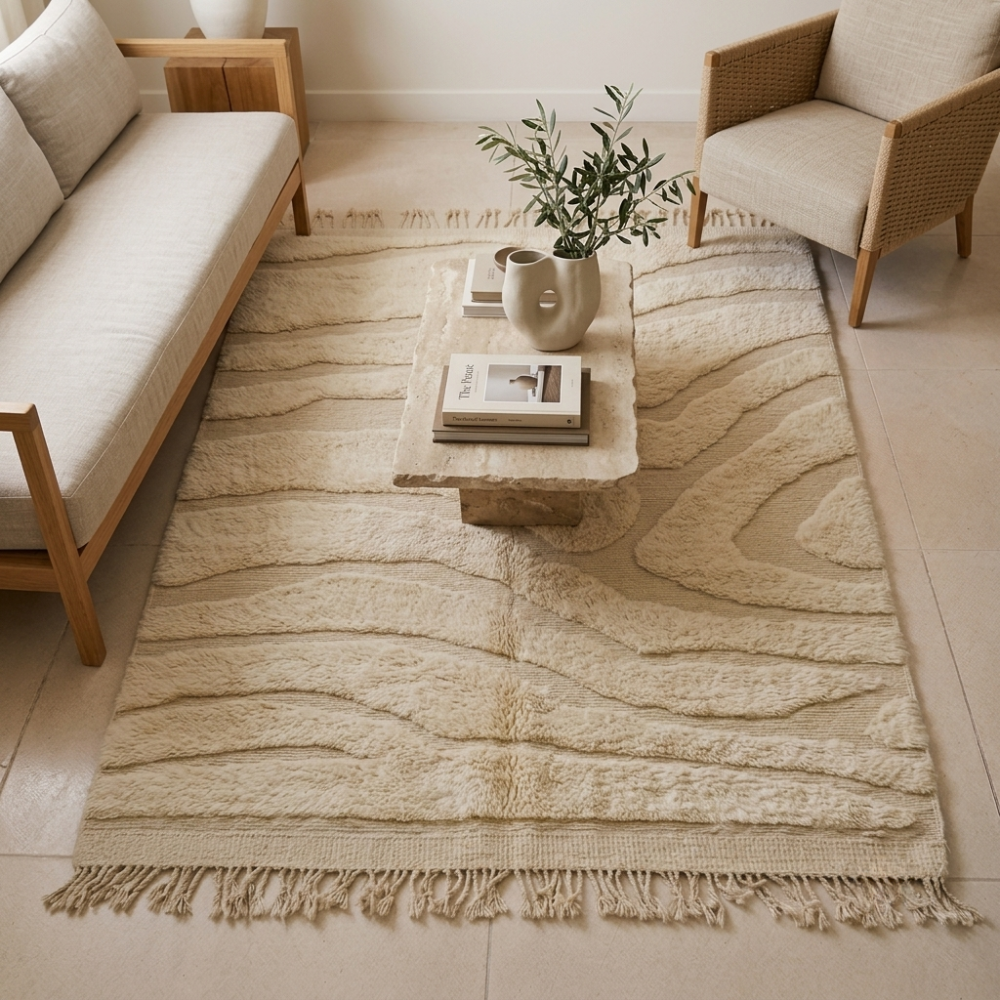 Mrirt Ivory Wave Carved Plush Wool Rug