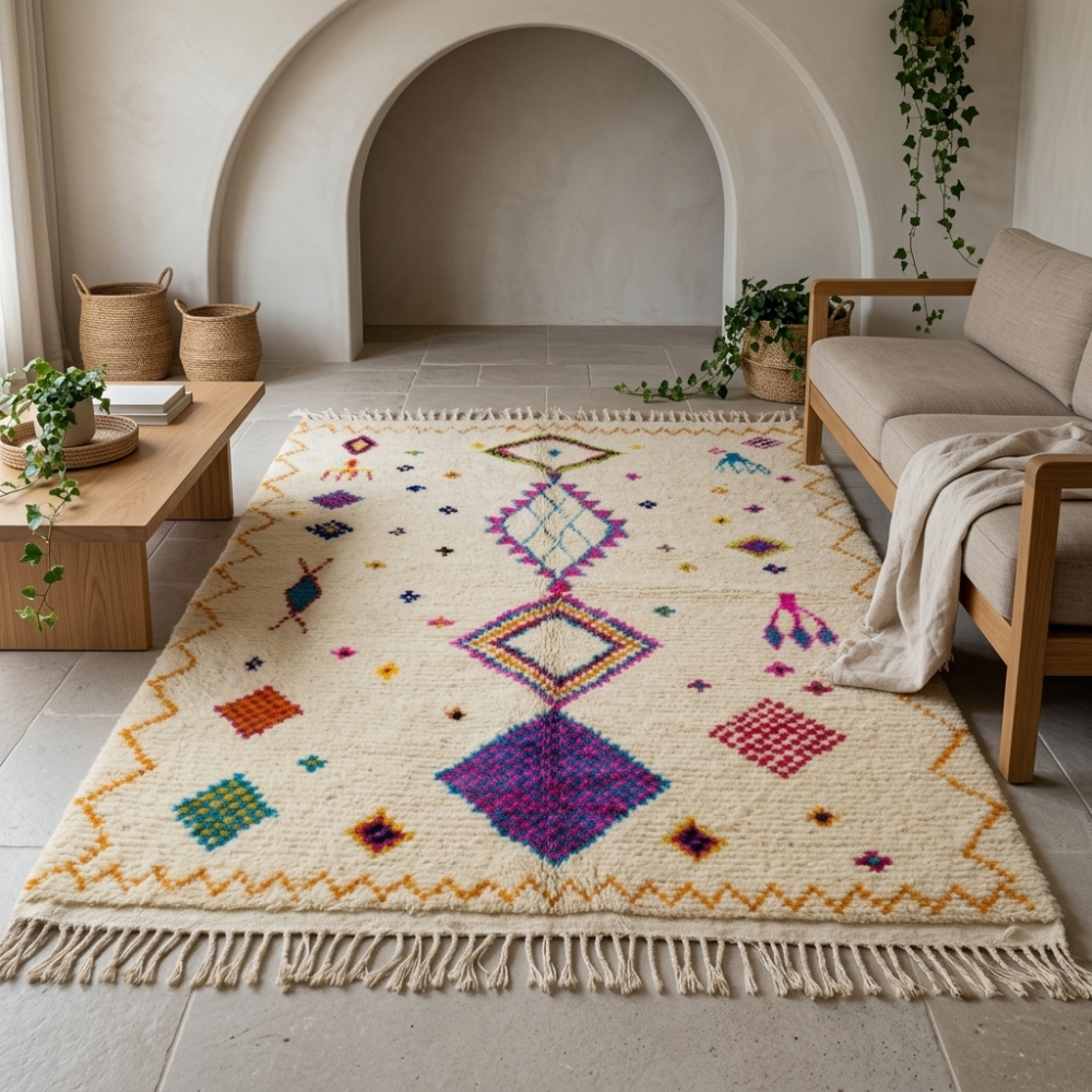 Azilal Ivory & Multicolor Diamond Berber Wool Rug