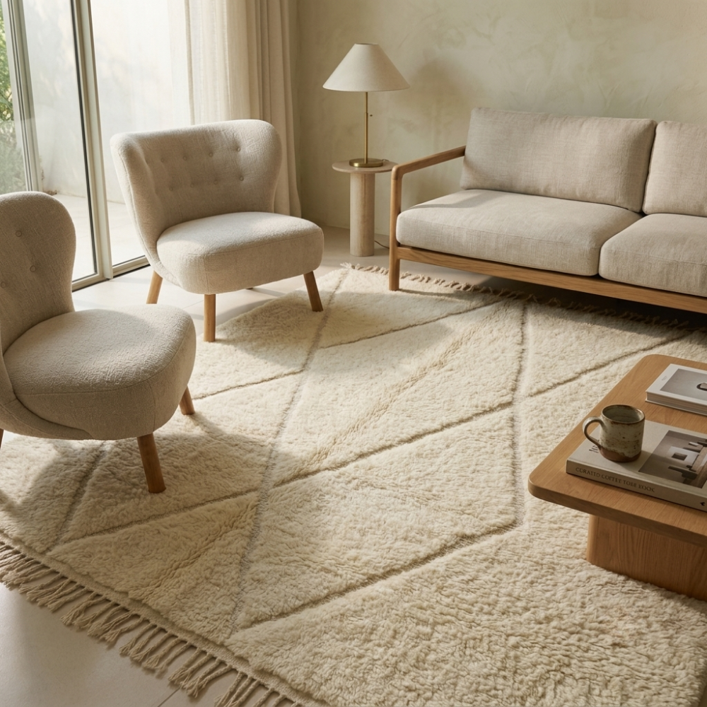 Mrirt Ivory Lozenge High-Pile Wool Rug