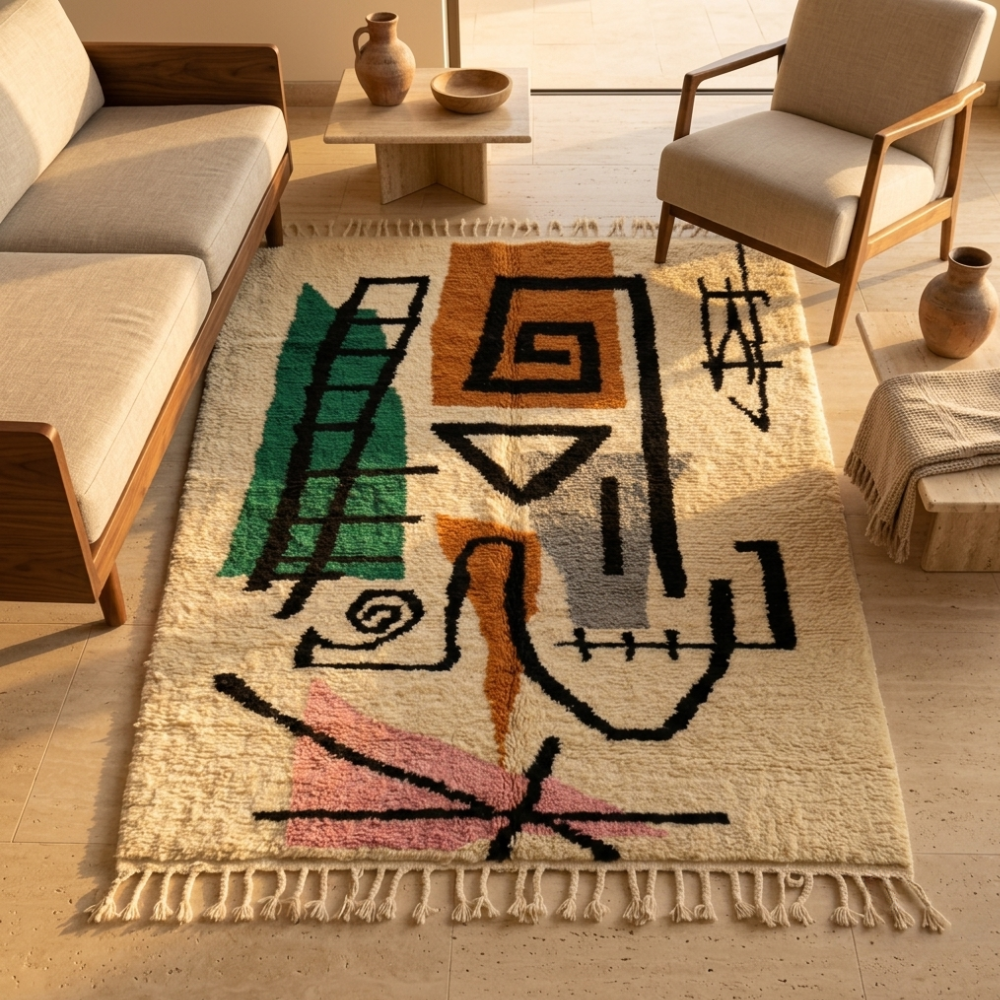 Azilal Abstract Modern Art Berber Wool Rug — Ivory & Emerald