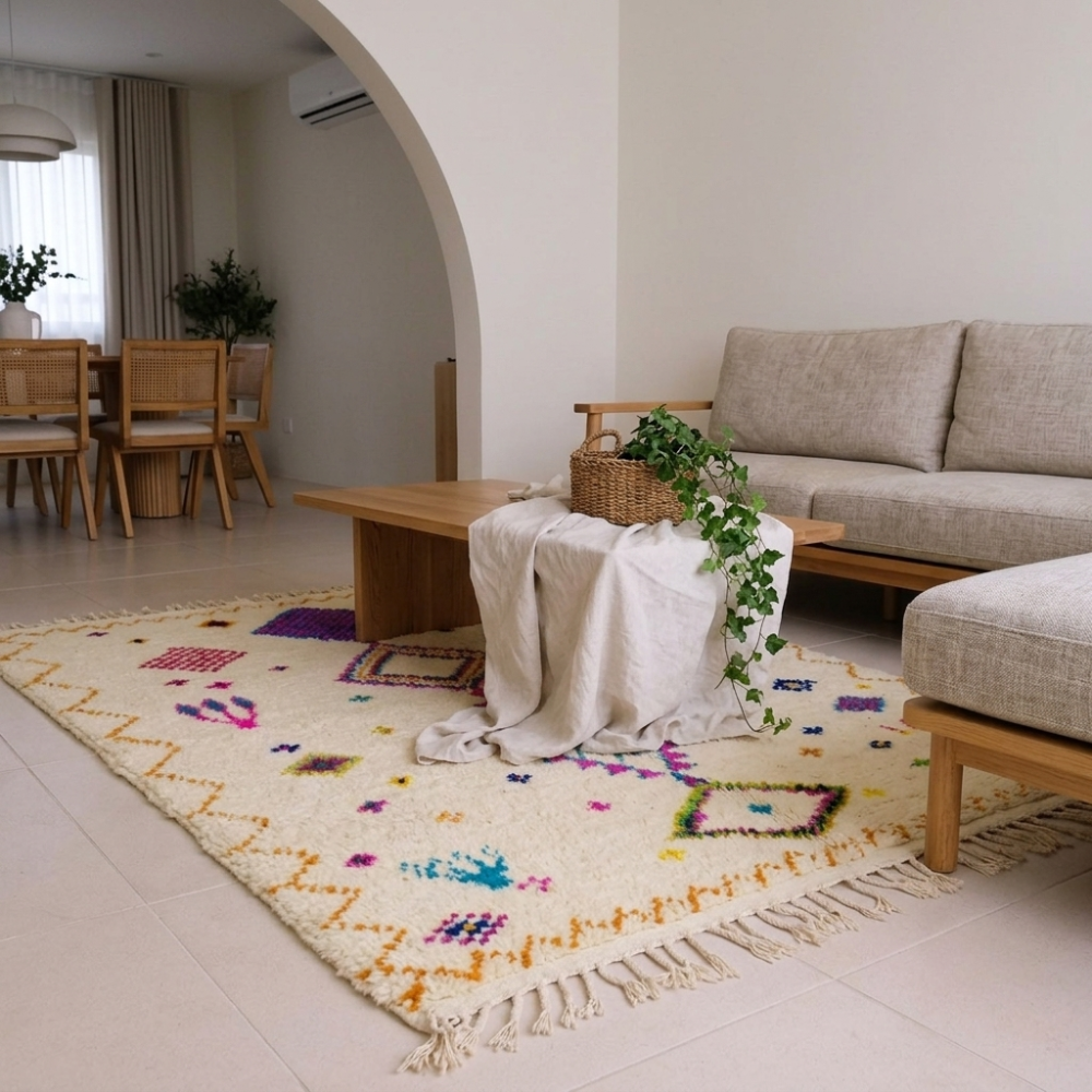 Azilal Ivory & Multicolor Diamond Berber Wool Rug