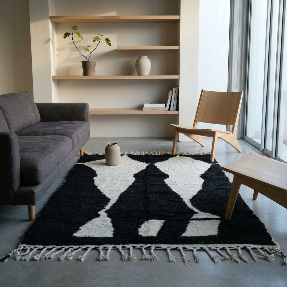 Beni Ourain Black & Ivory Abstract Wool Rug
