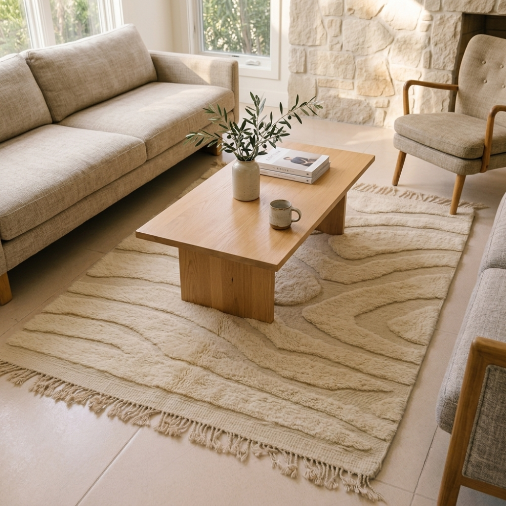Mrirt Ivory Wave Carved Plush Wool Rug