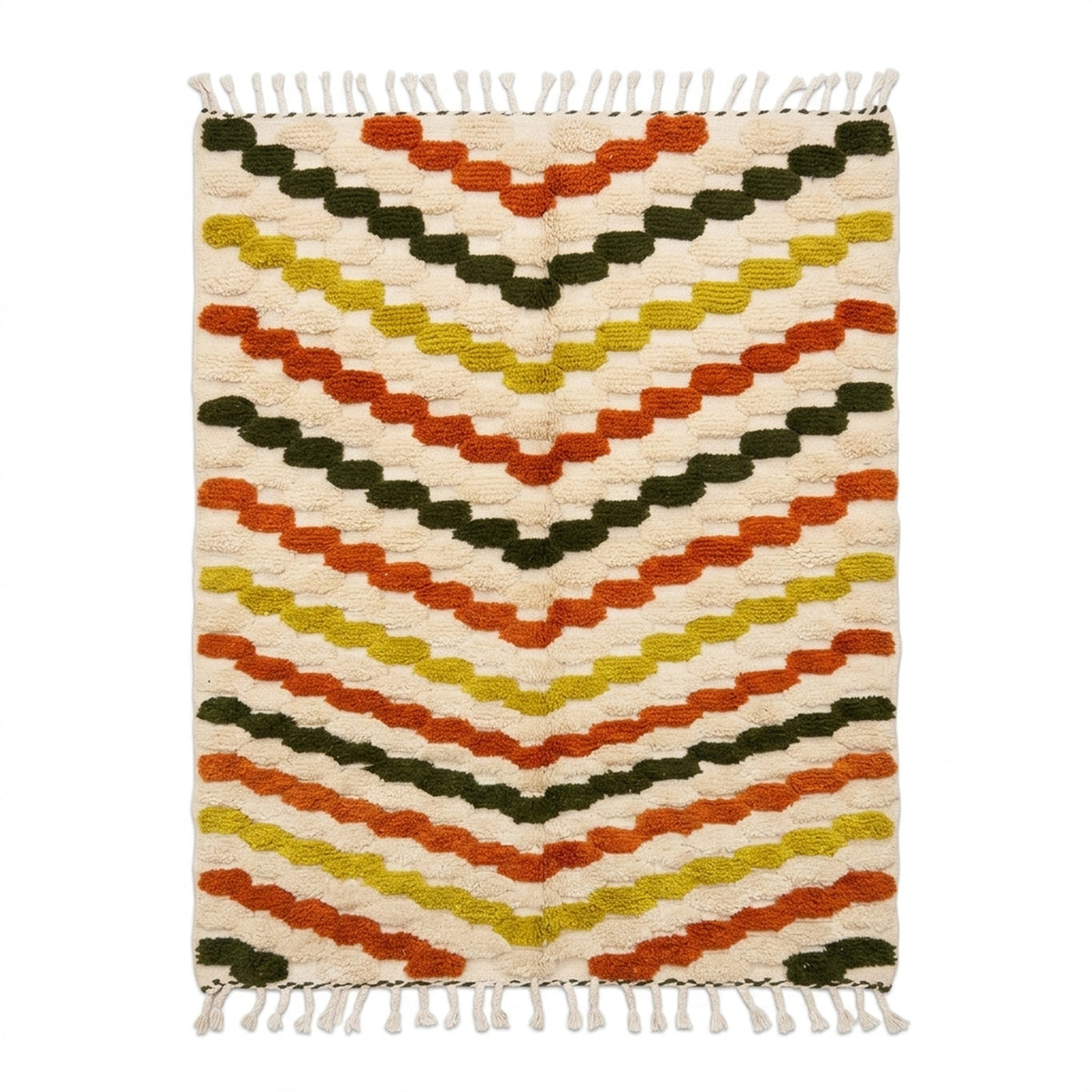 Beni Ourain ivory and black diamond rug on white background